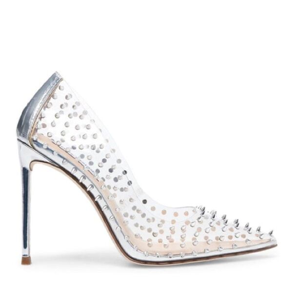 Revolve Steve Madden Luiza Vala Studded Clear Pointed toe Stiletto Heels Silver - Picture 12 of 12